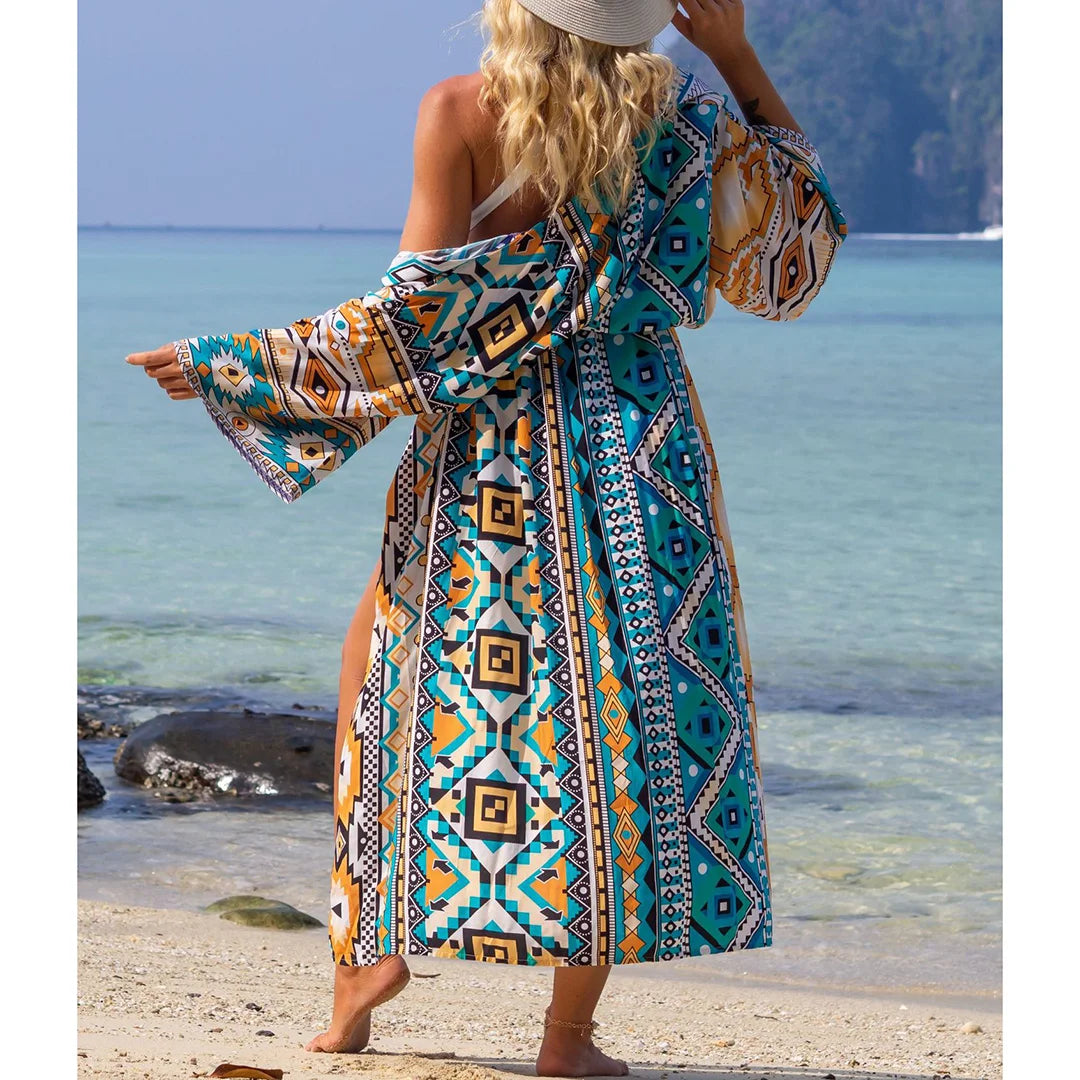 Quimono Boho Longo de Praia — Estampado, Feminino e Perfeito para o Verão