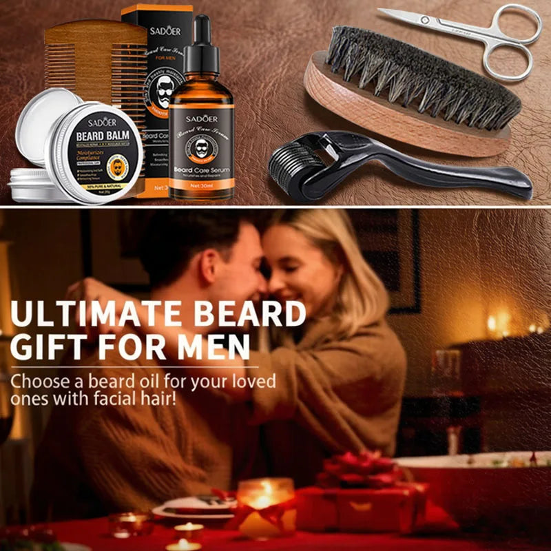 Kit Completo de Cuidados para Barba — Óleo, Bálsamo, Hidratante, Amaciador e Ferramentas de Aparar