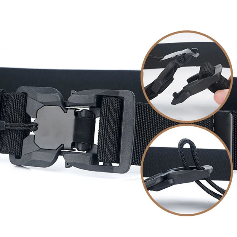 Cinto tático militar masculino, fivela magnética de liberação rápida, exército, caça ao ar livre, multifuncional, lona, cinto de cintura de nylon