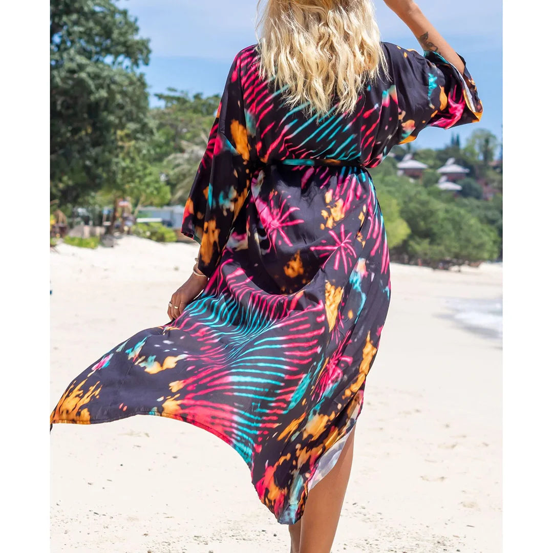 Quimono Boho Longo de Praia — Estampado, Feminino e Perfeito para o Verão