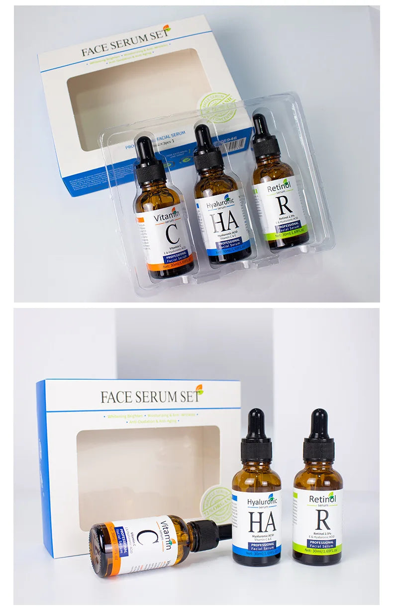Kit de Séruns Faciais Premium — Vitamina C, Ácido Hialurônico e Retinol para Firmeza e Luminosidade