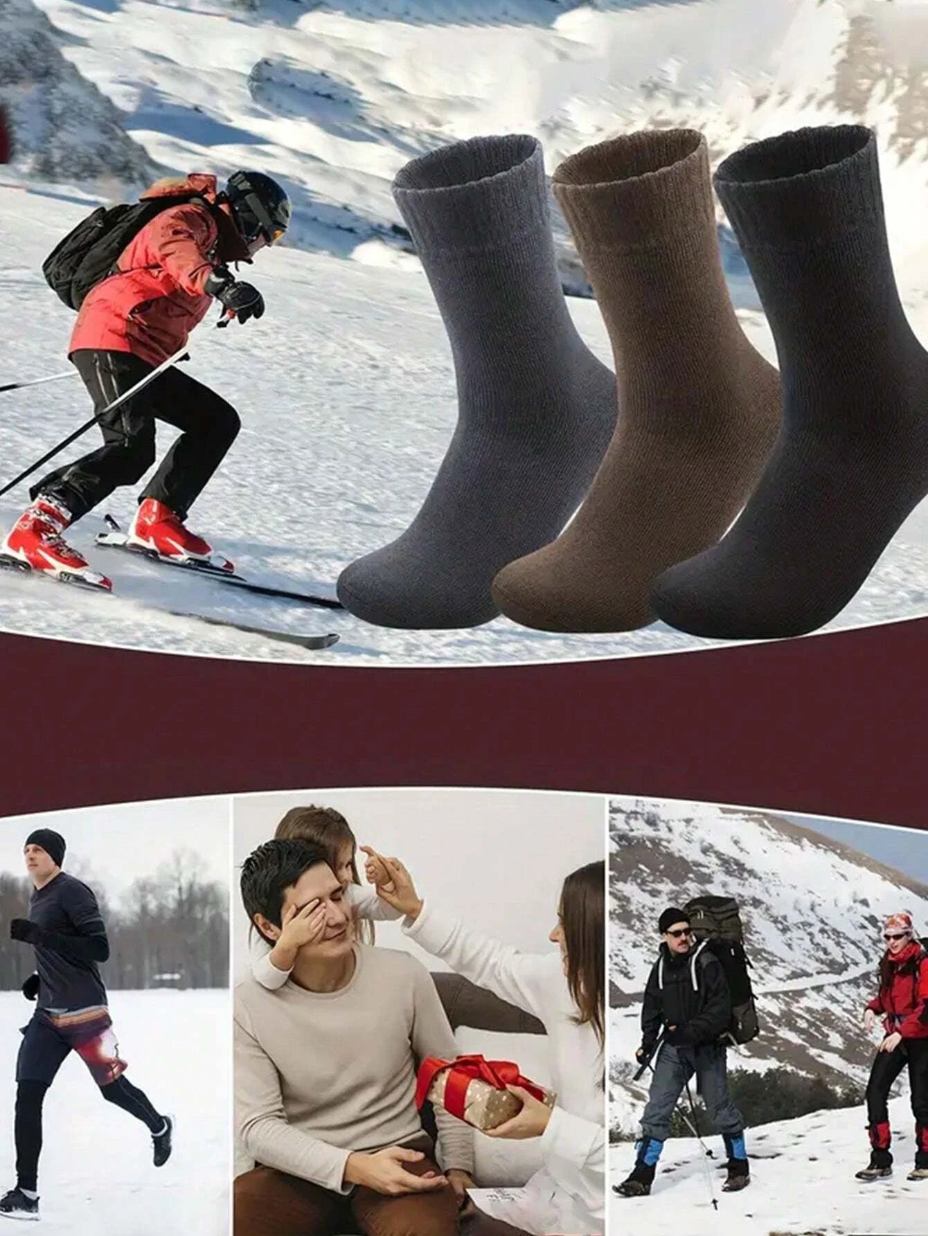 3Pairs Men's Thermal Lined Socks, Thick Soft Comfortable Sock For Cold Weather, Winter Hiking Boots, Black