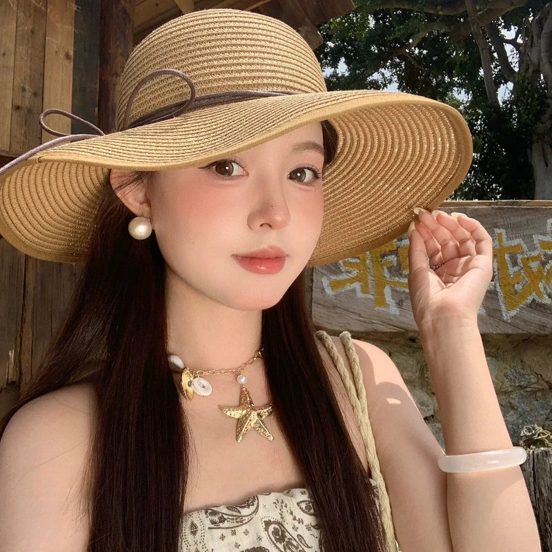Chapéu de Sol Elegante e Dobrável para Mulheres, Chapéu Panamá de Verão com Aba Larga e Proteção UV, Acessórios para Viagem e Praia