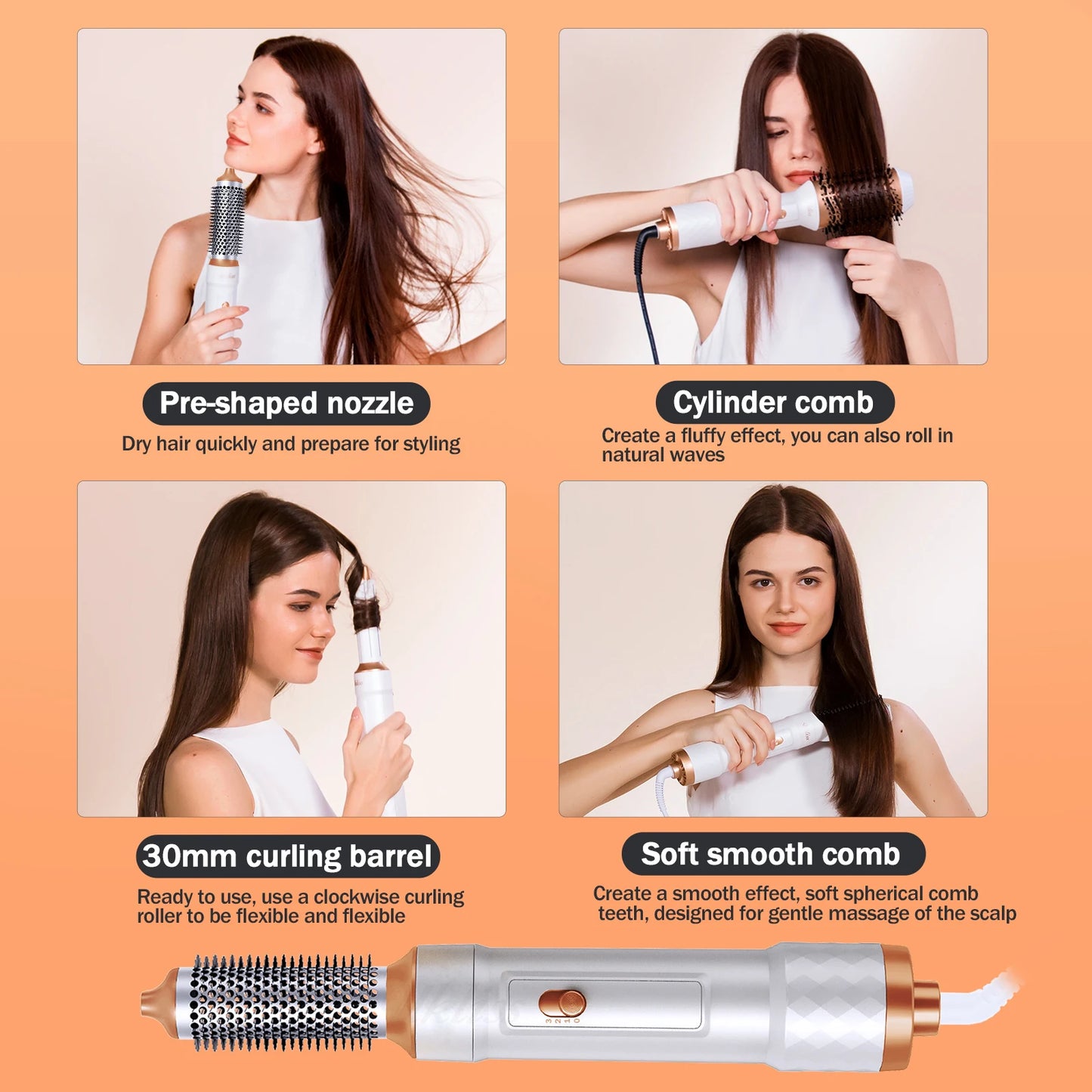Escova Modeladora Elétrica 6 em 1 — Secador, Babyliss e Pente Aquecido para Estilização Profissional