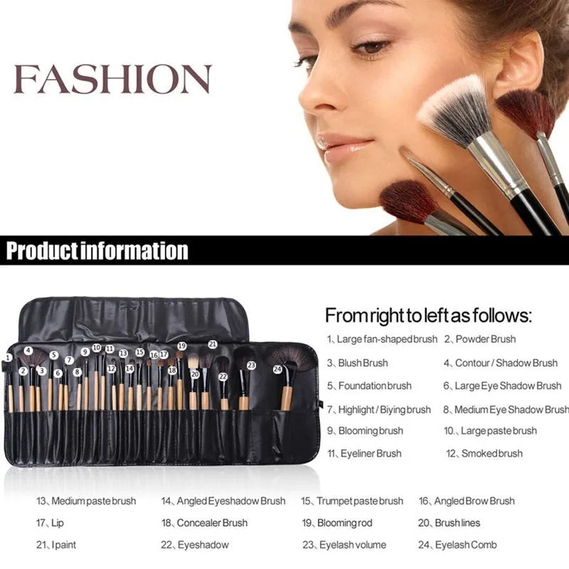 Kit com 24 Pincéis de Maquiagem Profissionais — Pó, Sombra, Sobrancelha e Base em Saco de Presente