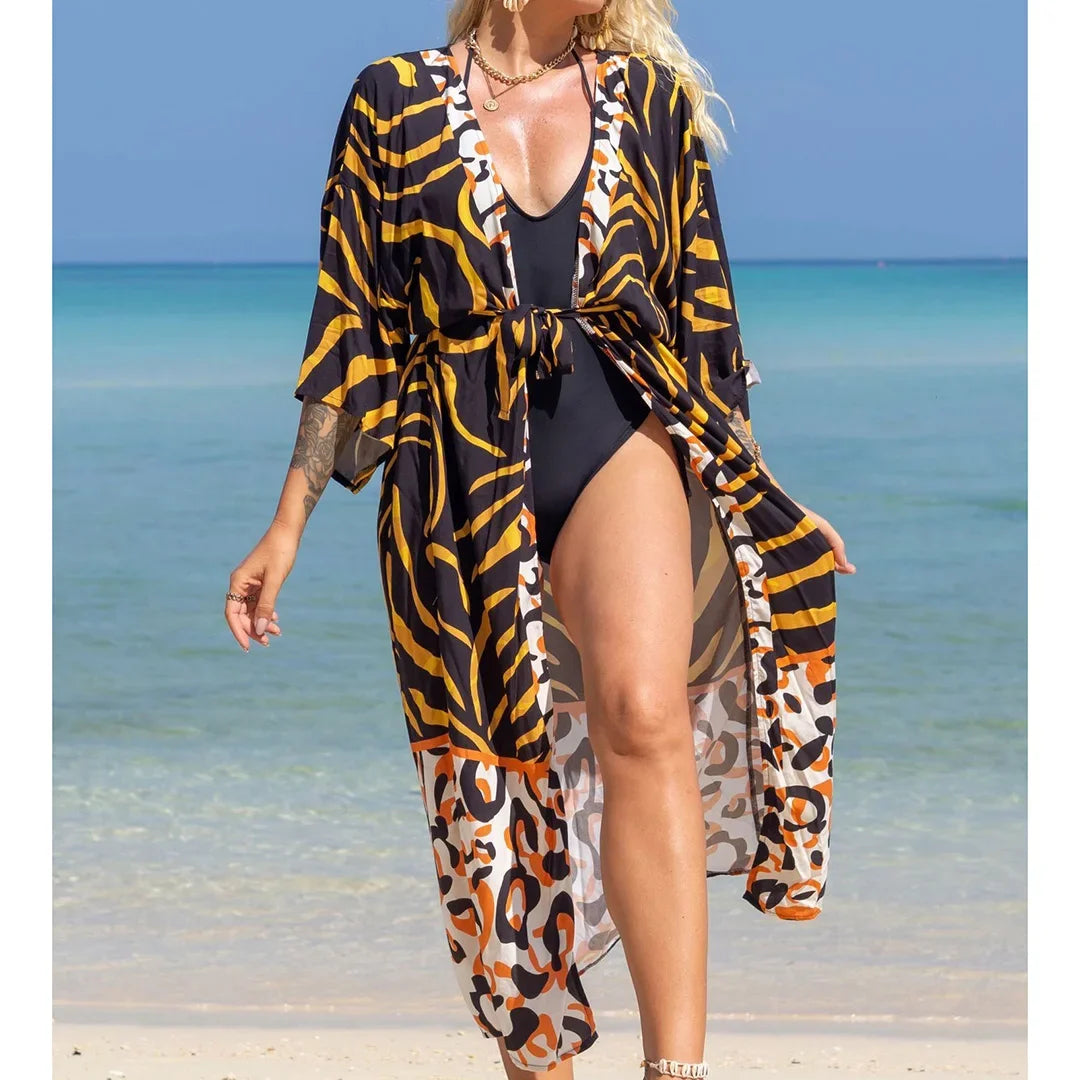 Quimono Boho Longo de Praia — Estampado, Feminino e Perfeito para o Verão