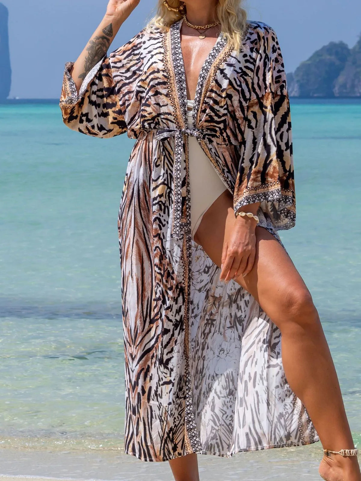 Quimono Boho Longo de Praia — Estampado, Feminino e Perfeito para o Verão