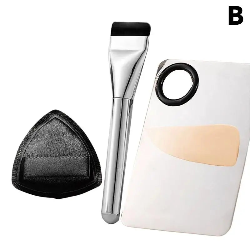 Kit de Ferramentas de Maquiagem 1 a 4 Peças — Pincel para Base, Esponja e Paleta de Creme Portátil