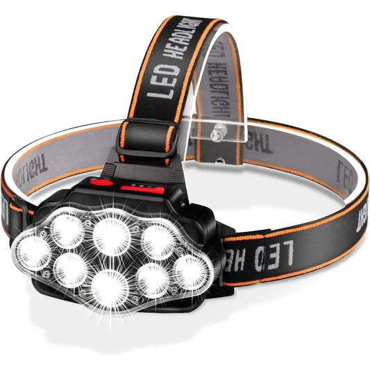 Farol LED USB Recarregável — 8 LEDs, IPX4 Impermeável, 4 Modos de Iluminação para Camping e Trilha
