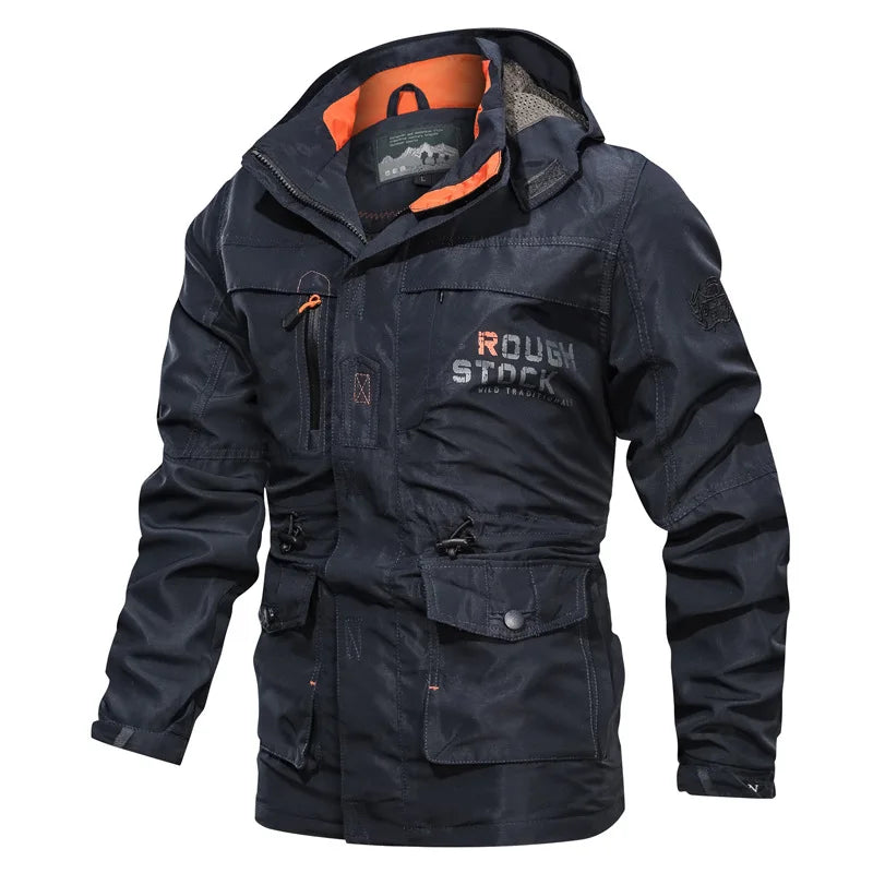 Trench coat de chuva masculino ao ar livre à prova de vento jaqueta impermeável longo casual workwear estilo casaco plus size com capuz anorak caminhadas acampamento