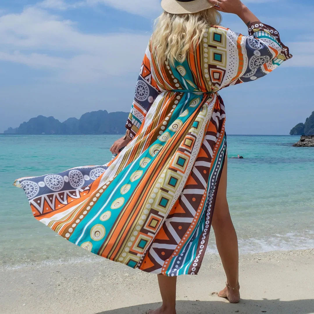 Quimono Boho Longo de Praia — Estampado, Feminino e Perfeito para o Verão