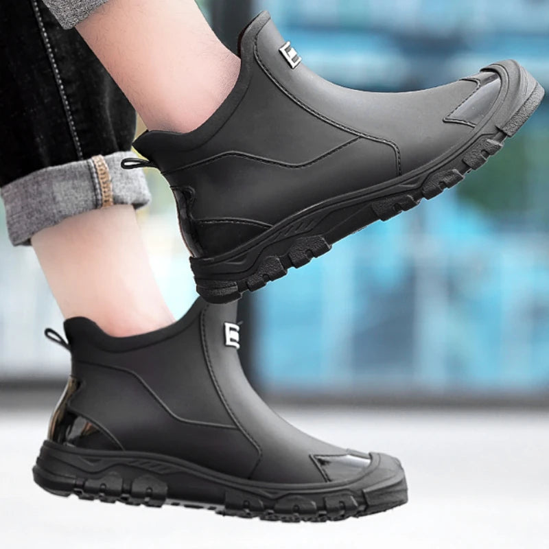 Botas de chuva masculinas botas impermeáveis ao ar livre antiderrapante casual tornozelo botas caminhadas pesca sapatos de água trabalho bota de borracha leve