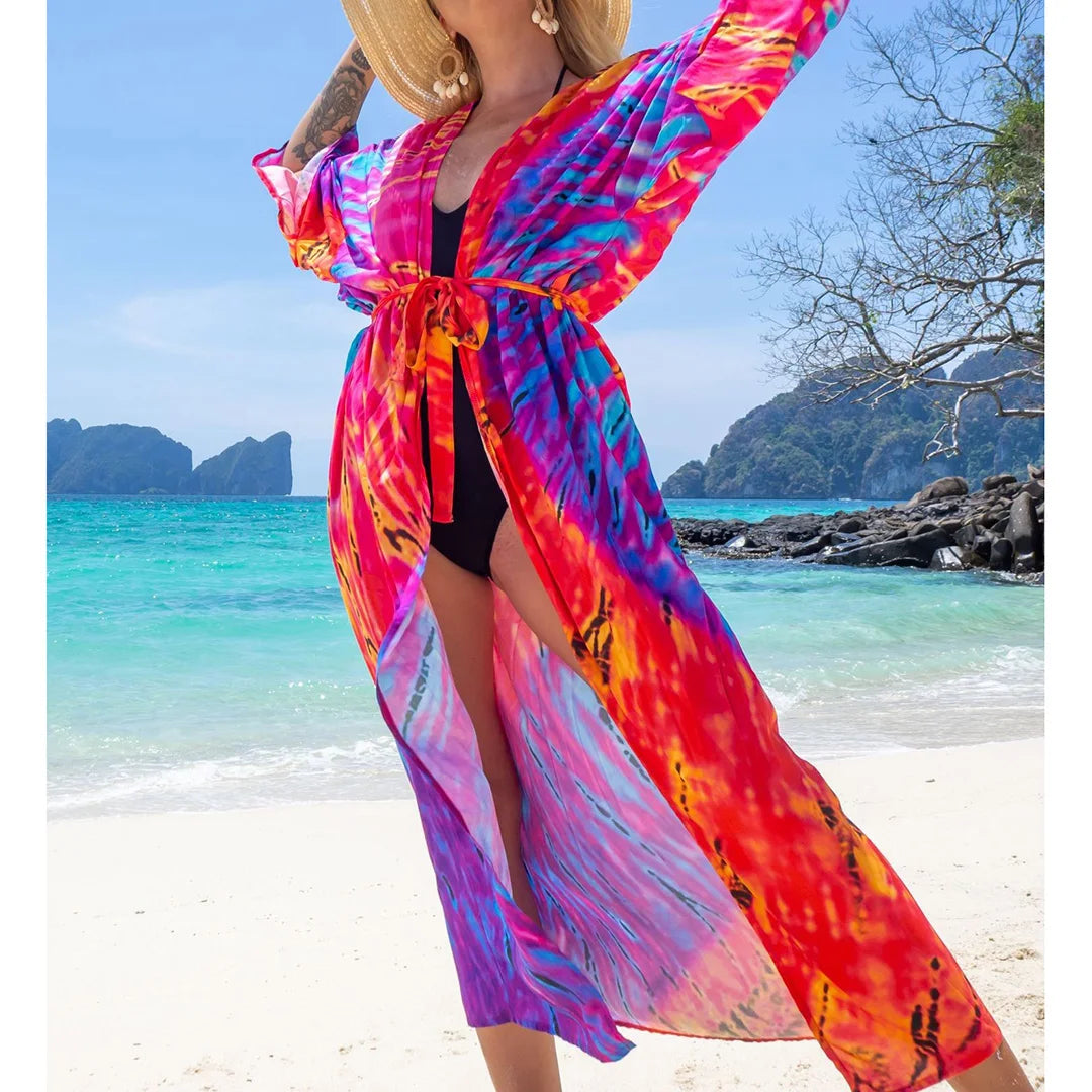 Quimono Boho Longo de Praia — Estampado, Feminino e Perfeito para o Verão