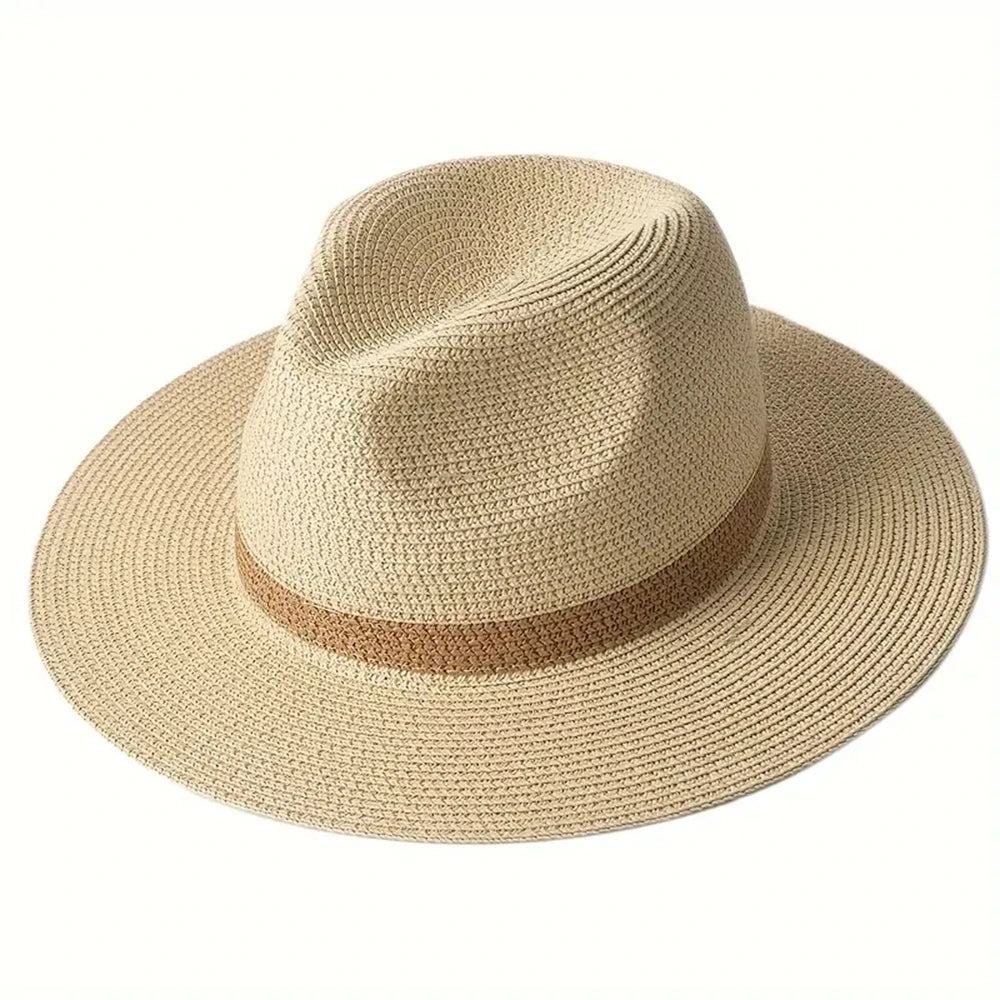 Chapéu Panamá Estiloso de Aba Larga - Proteção UV, Chapéu de Praia Unissex com Design em Bloco de Cores, Respirável e Dobrável para Viagens de Verão