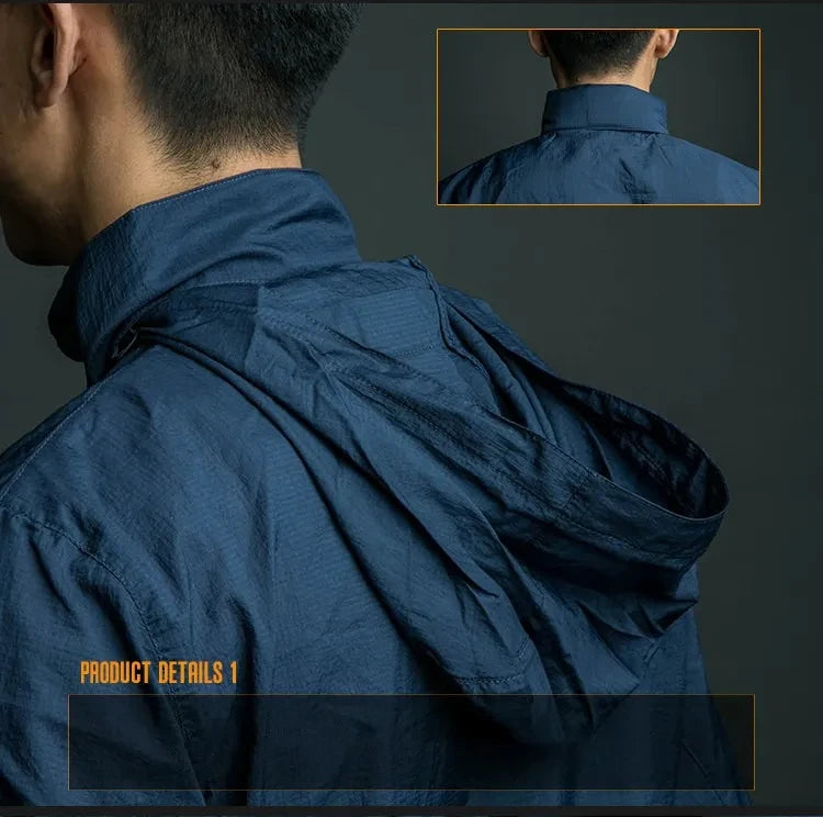 Jaqueta tática leve de verão, corta-vento masculino, capa de chuva com capuz de pele fina, secagem rápida, respirável, jaqueta impermeável