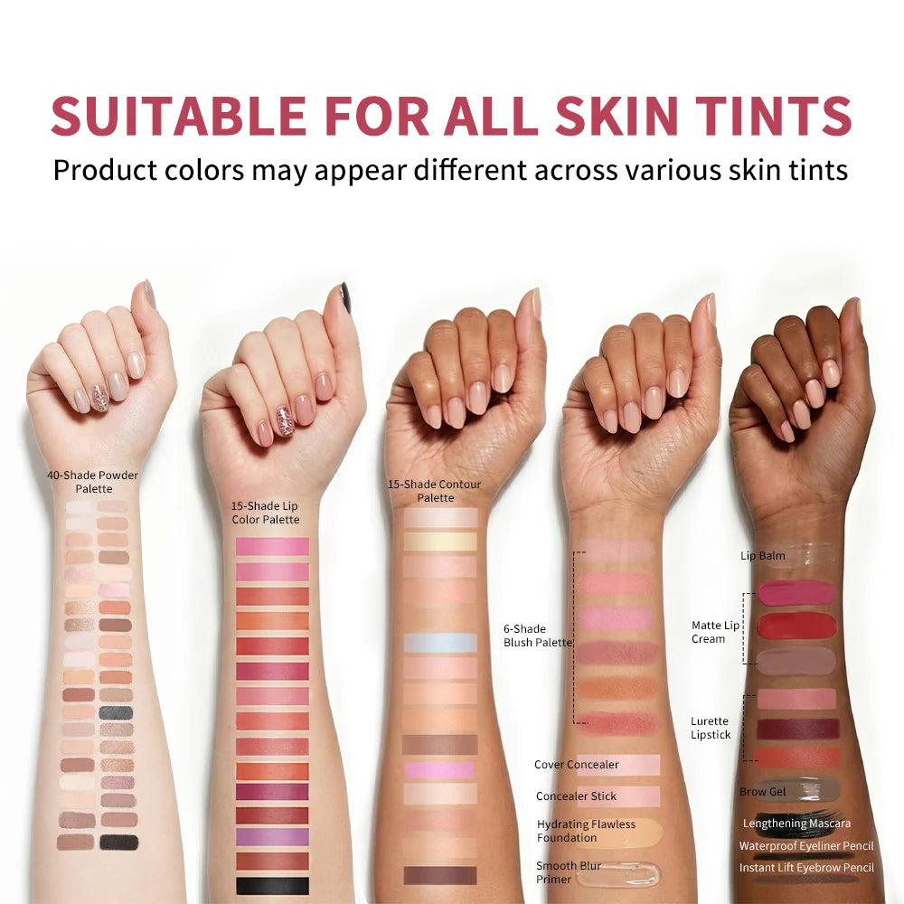 Kit de Maquiagem Completo para Rosto — Base, Corretivo, Blush, Sombra, Sobrancelha e Esponjas