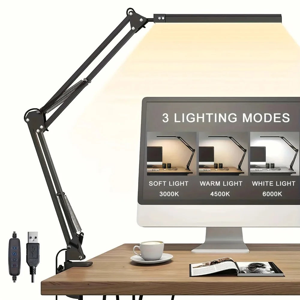 Luminária de Mesa LED com Braçadeira — Dimmer, Proteção Ocular, USB, Cabeca Simples ou Dupla