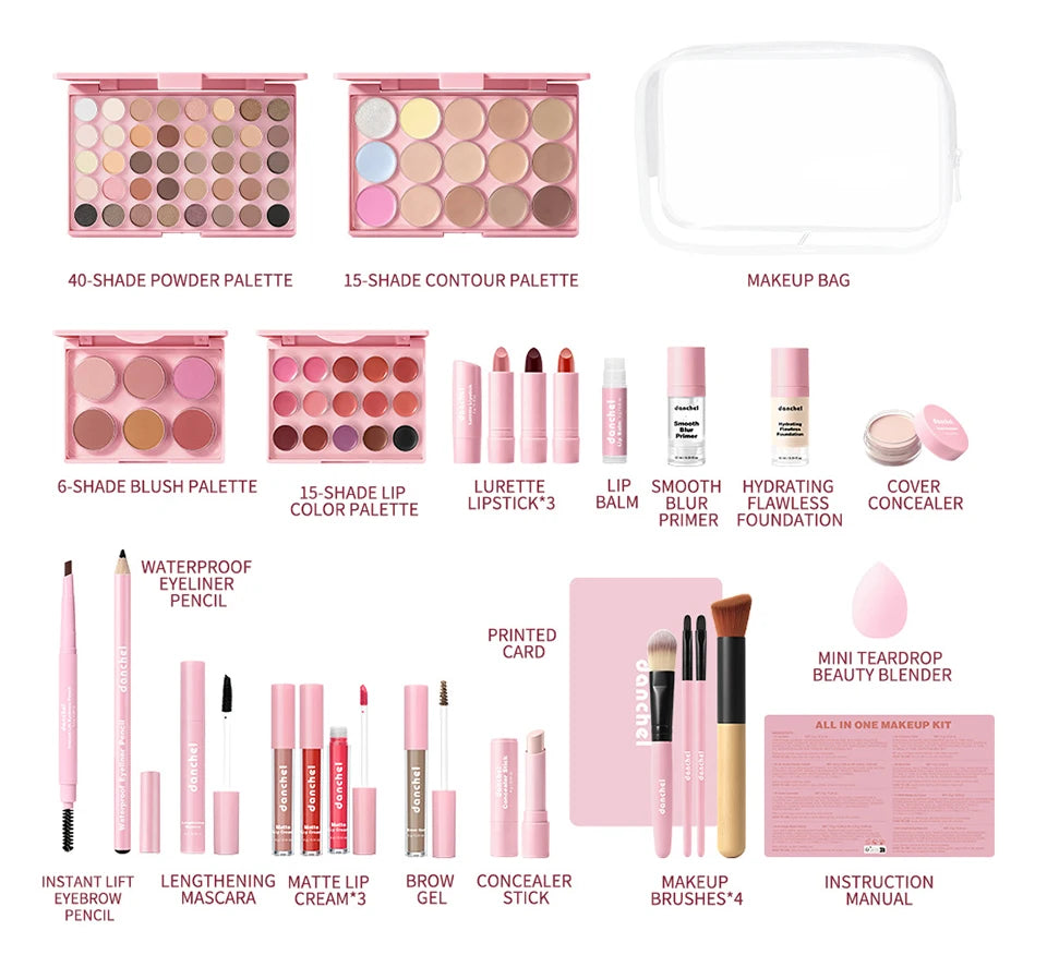 Kit de Maquiagem Completo para Rosto — Base, Corretivo, Blush, Sombra, Sobrancelha e Esponjas