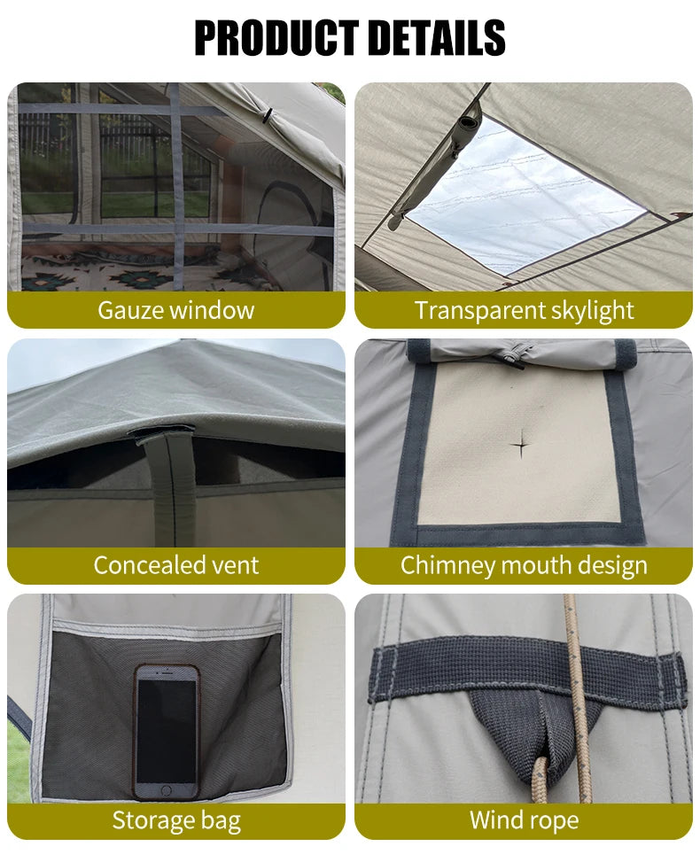 Tenda Inflável de Glamping com Sistema de Iluminação LED, Abrigo de Camping Luxuoso para 10 Adultos