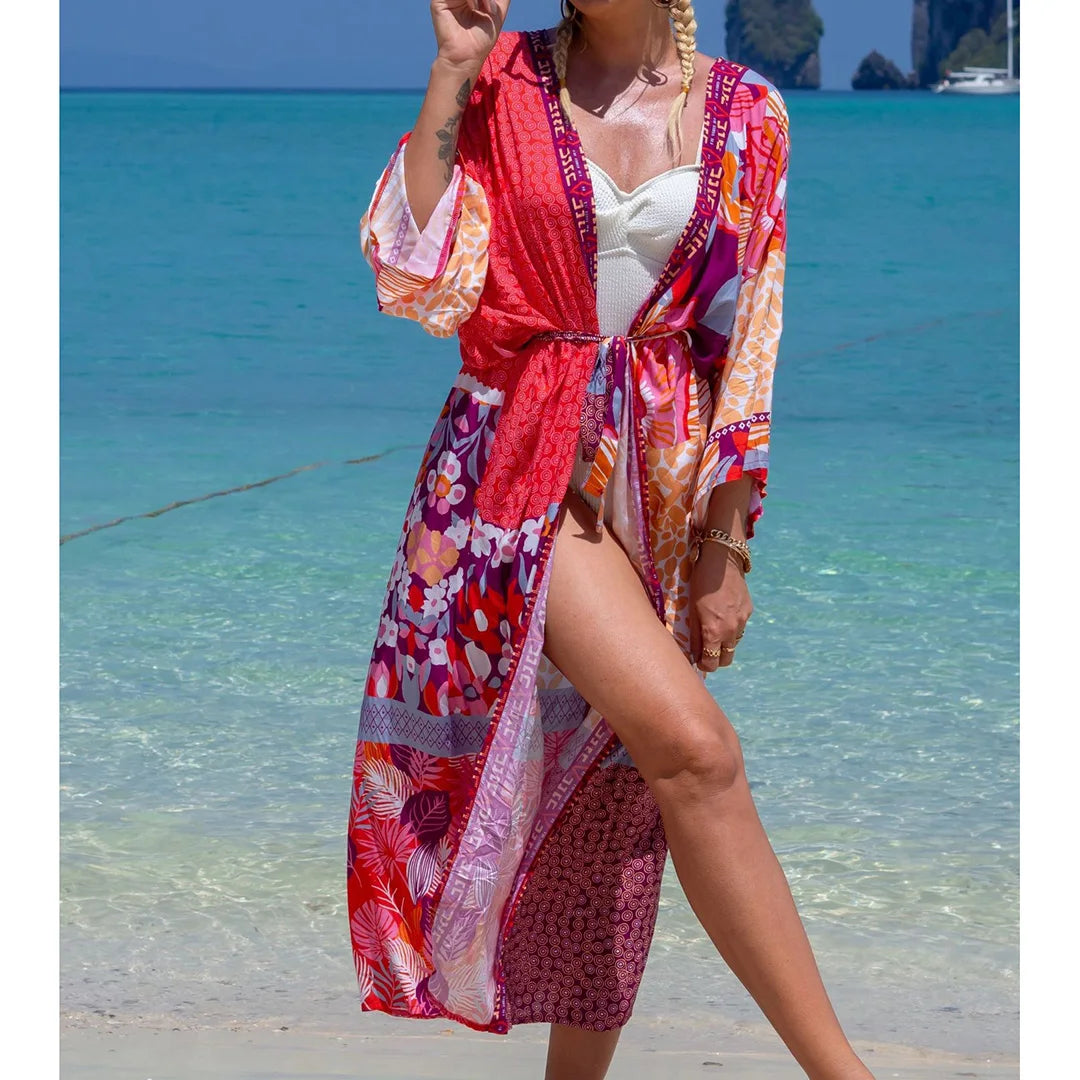 Quimono Boho Longo de Praia — Estampado, Feminino e Perfeito para o Verão