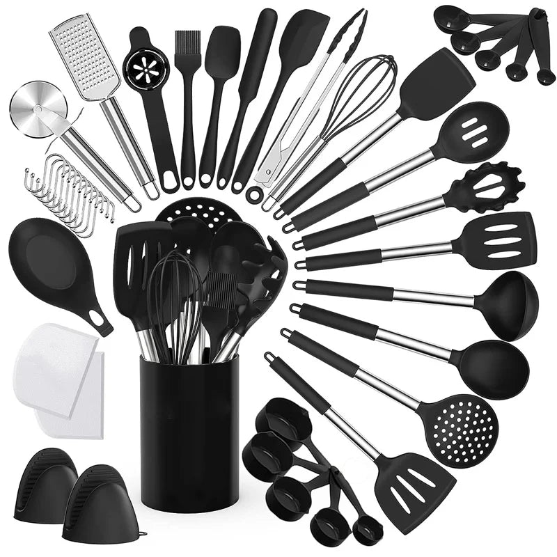 Kit Completo 43 Utensilios de Cozinha em Silicone — Cabo Inox, Antiaderente e Resistente ao Calor