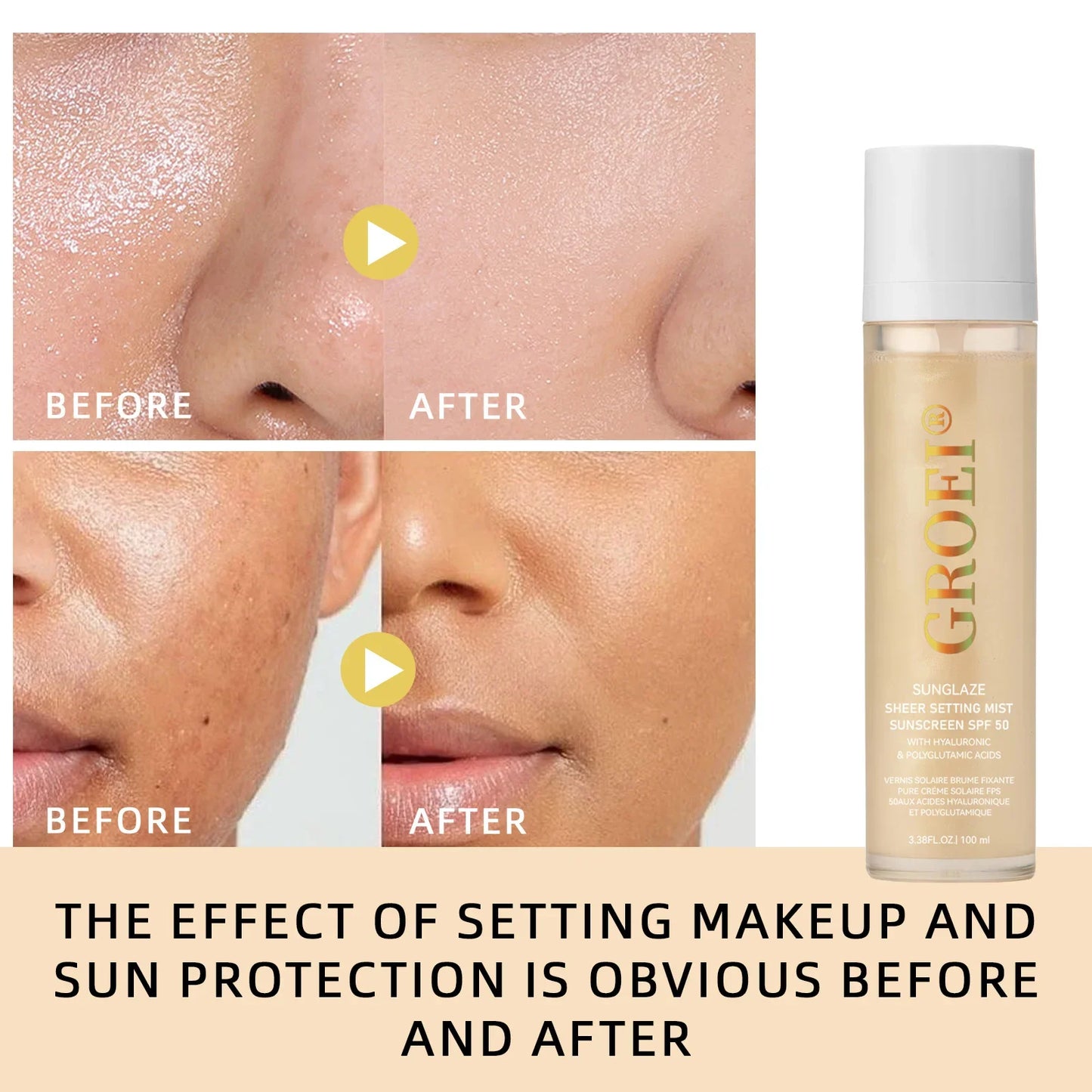 Spray Fixador com Protetor Solar FPS 50 — 100ml, Leve e Não Oleoso para Cuidados Faciais
