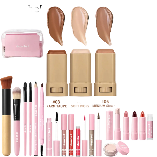 Kit de Maquiagem Completo para Rosto — Base, Corretivo, Blush, Sombra, Sobrancelha e Esponjas