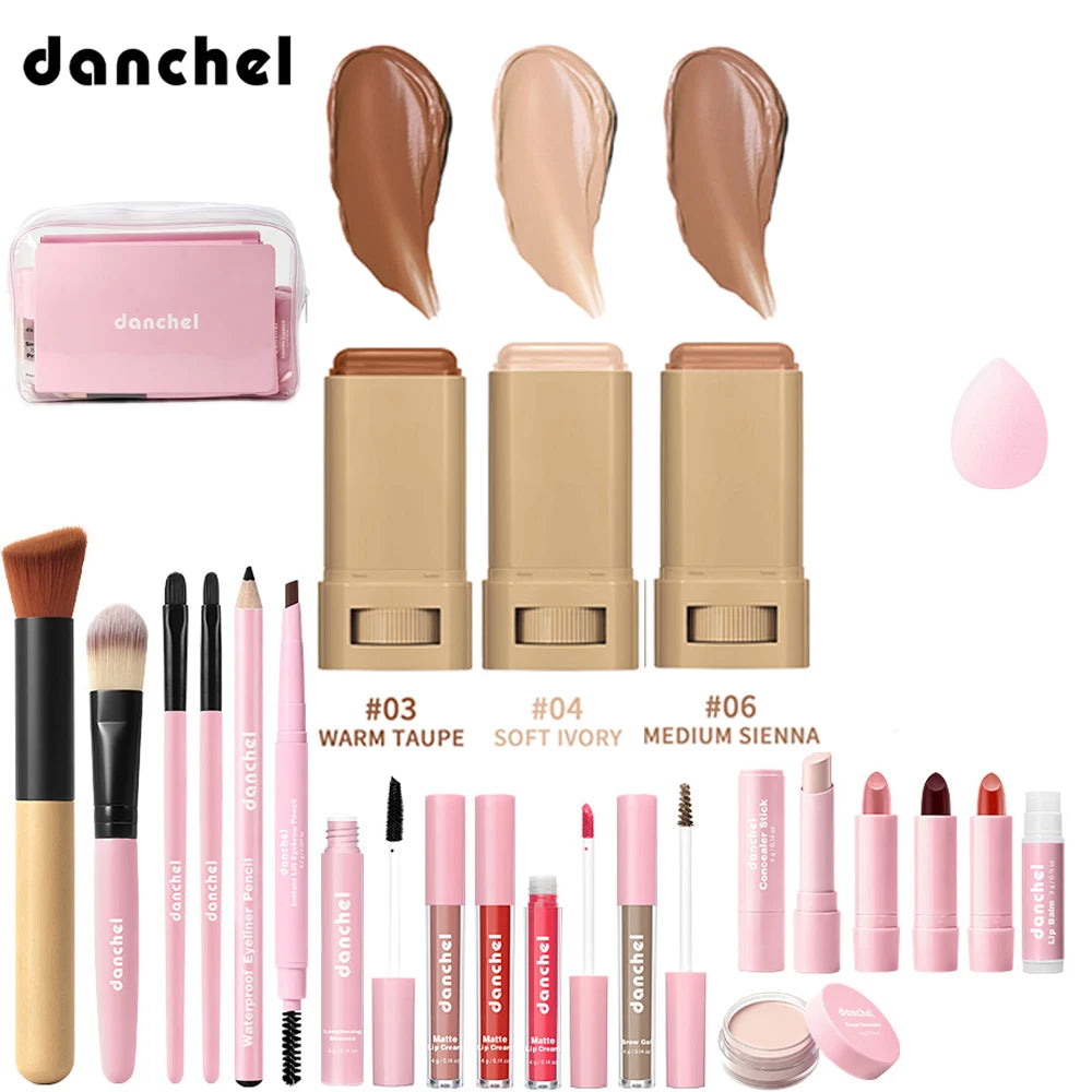 Kit de Maquiagem Completo para Rosto — Base, Corretivo, Blush, Sombra, Sobrancelha e Esponjas