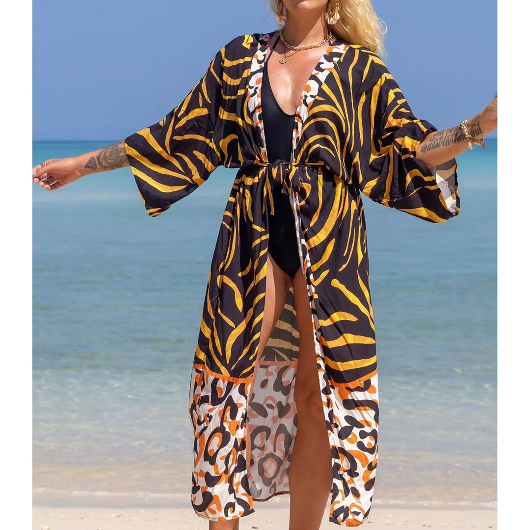 Quimono Boho Longo de Praia — Estampado, Feminino e Perfeito para o Verão