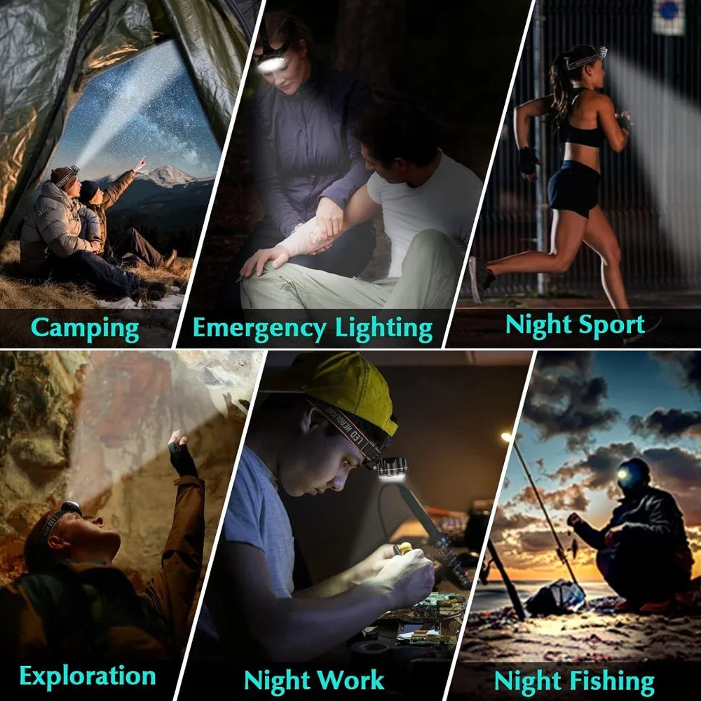 Farol LED USB Recarregável — 8 LEDs, IPX4 Impermeável, 4 Modos de Iluminação para Camping e Trilha