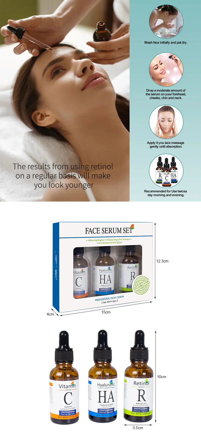 Kit de Séruns Faciais Premium — Vitamina C, Ácido Hialurônico e Retinol para Firmeza e Luminosidade