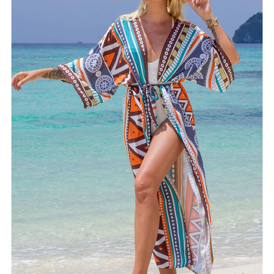 Quimono Boho Longo de Praia — Estampado, Feminino e Perfeito para o Verão