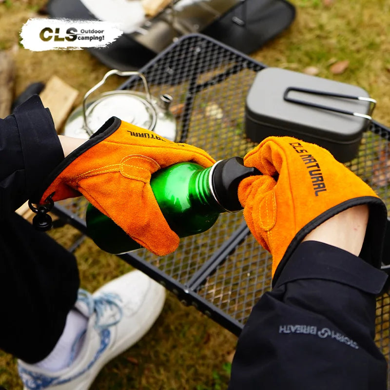 Luvas de Churrasco Resistentes ao Calor, Luvas de Couro de Vaca para Manuseio de Fogo em Acampamentos, Luvas Antiderrapantes para Grelhar, Pesca e Soldagem ao Ar Livre