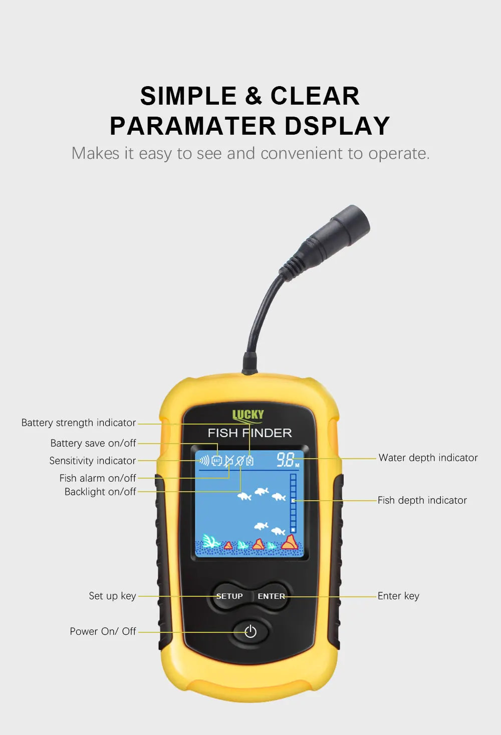 FFC1108-1 Alarme Sonar Portátil 100M para Pesca, Localizador de Peixes com Cobertura de 45 Graus, Sonda de Eco com Alarme e Transdutor para Pesca em Lagos e Mares
