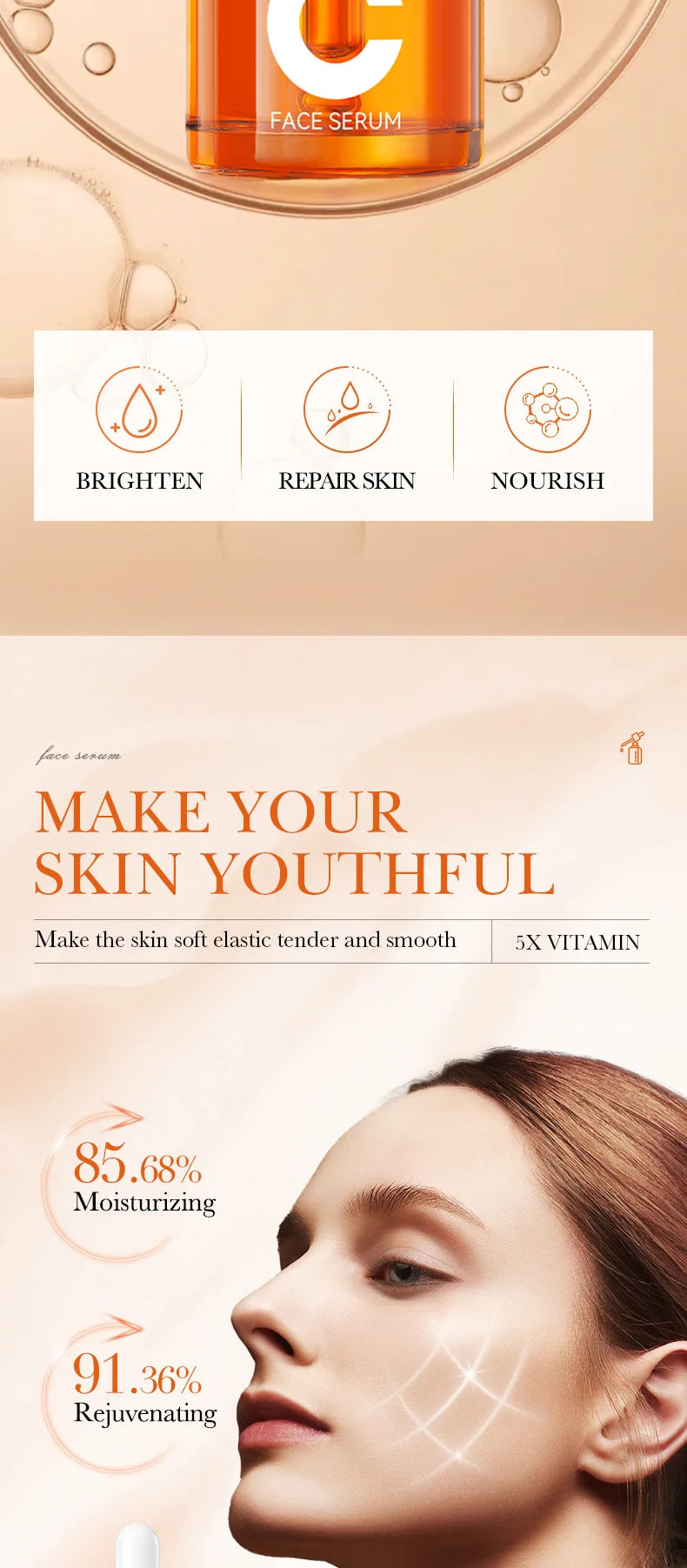 Sérum Facial de Vitamina C Coreano — 5 Funções: Hidratação, Brilho, Poros Reduzidos e Reparação