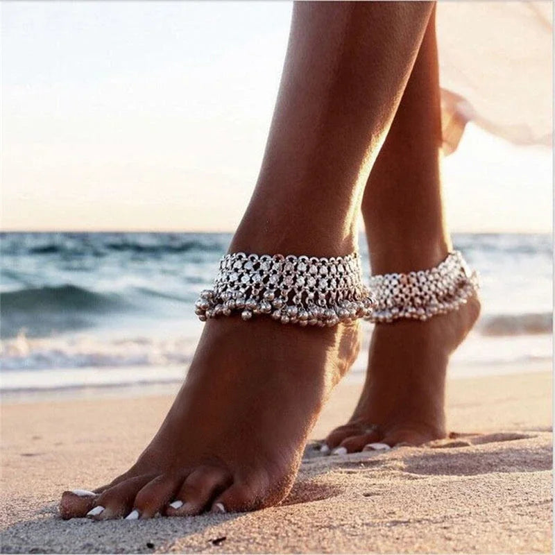 Novo vintage multi-camada sinos tornozelo pulseira pé jóias boho verão praia descalço sandálias encantos tornozeleira acessórios femininos