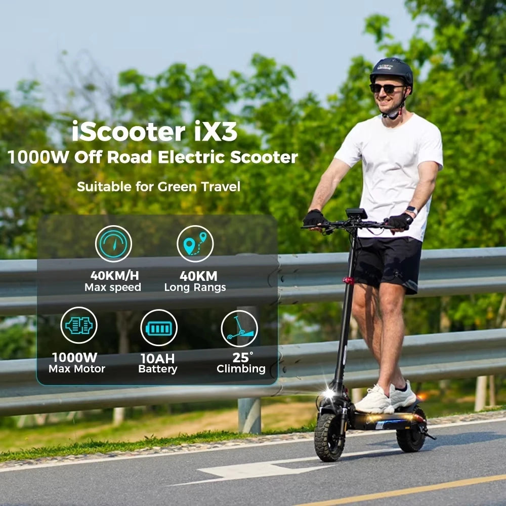 Scooter Elétrico iScooter iX3 1000W 40km/h para Adultos com Pneus Off-Road de 10 Polegadas, Scooter Elétrico com Bateria de 10Ah e APP
