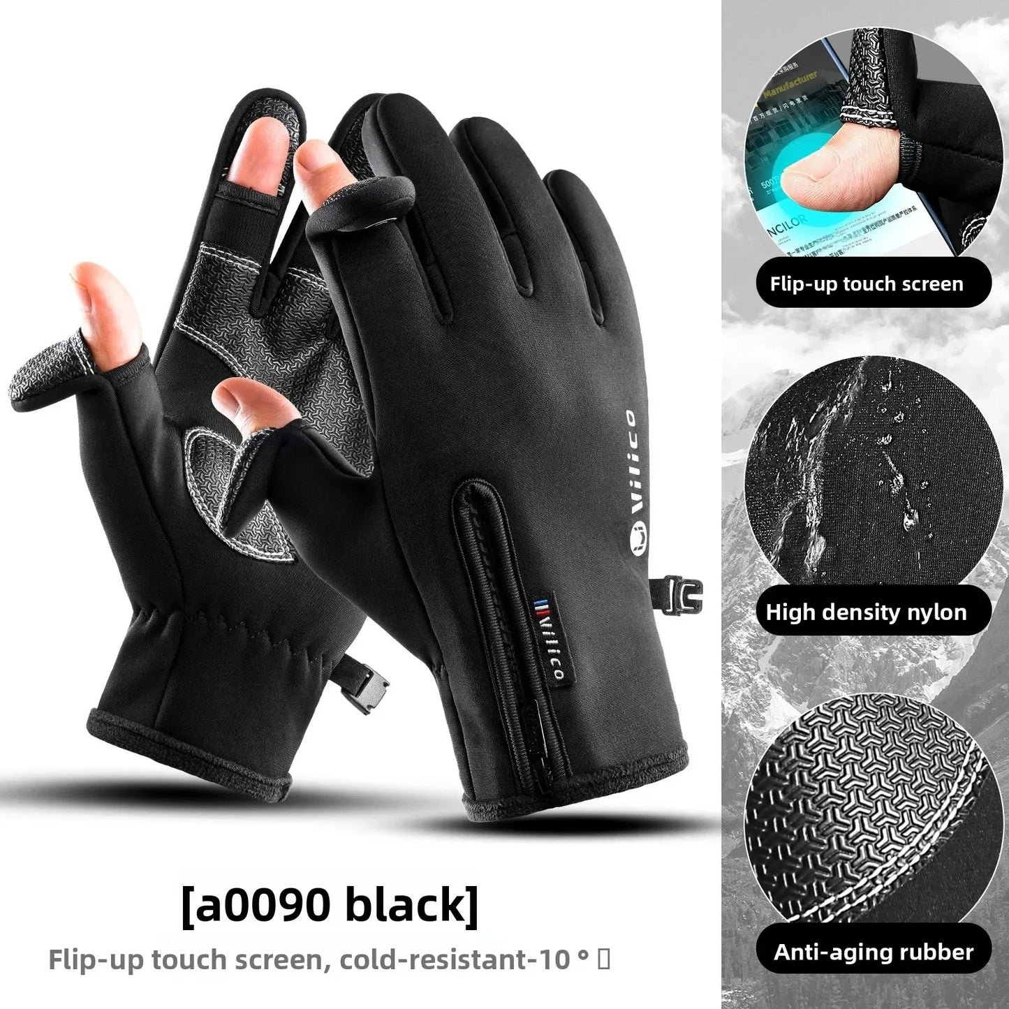 Vilico Luvas de pesca para motocicleta com tela sensível ao toque quente, à prova de vento, duráveis, antiderrapantes, à prova d'água, respiráveis para outono e inverno
