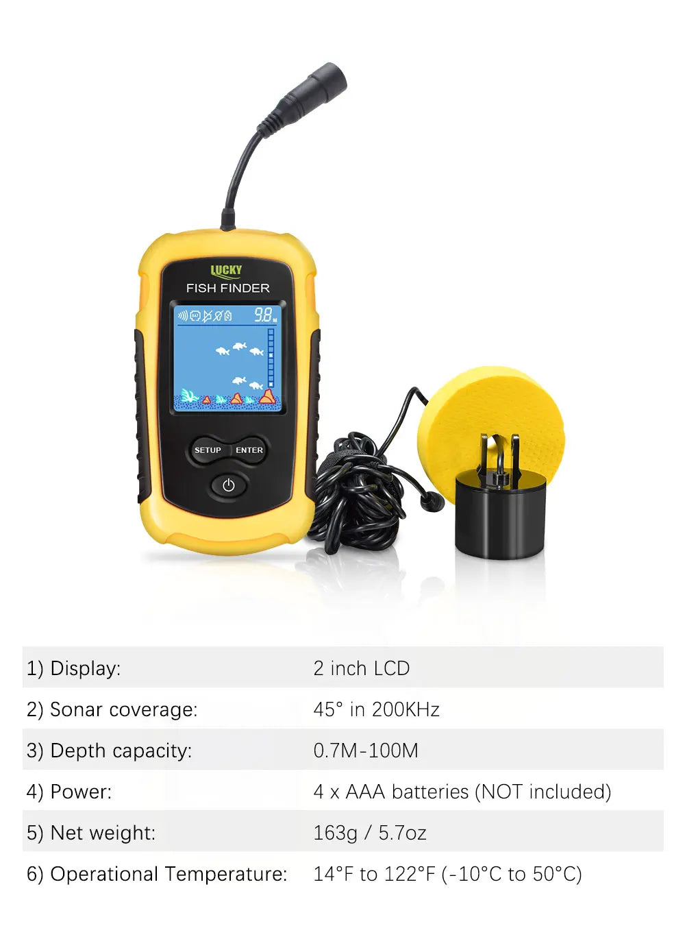 FFC1108-1 Alarme Sonar Portátil 100M para Pesca, Localizador de Peixes com Cobertura de 45 Graus, Sonda de Eco com Alarme e Transdutor para Pesca em Lagos e Mares