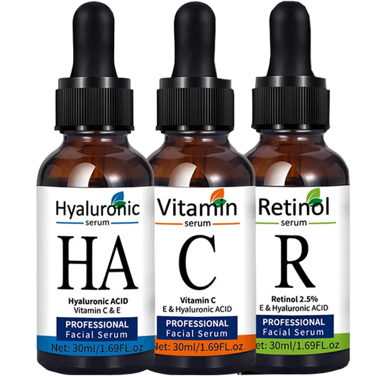 Kit de Séruns Faciais Premium — Vitamina C, Ácido Hialurônico e Retinol para Firmeza e Luminosidade