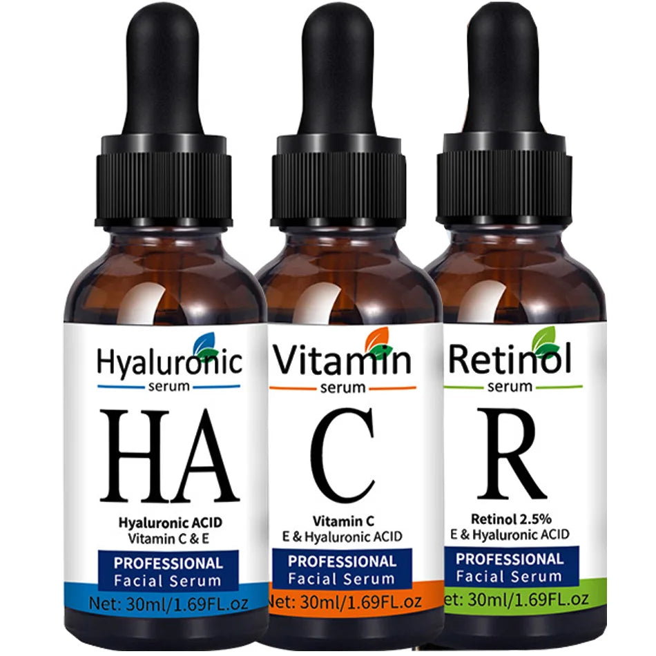 Kit de Séruns Faciais Premium — Vitamina C, Ácido Hialurônico e Retinol para Firmeza e Luminosidade