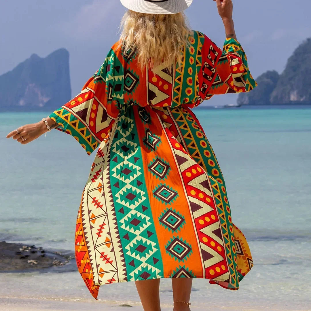 Quimono Boho Longo de Praia — Estampado, Feminino e Perfeito para o Verão