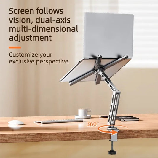 Suporte de Laptop e Tablet 2 em 1 Destacavel — Aluminio, Rotacao 360°, Dobravel para Mesa