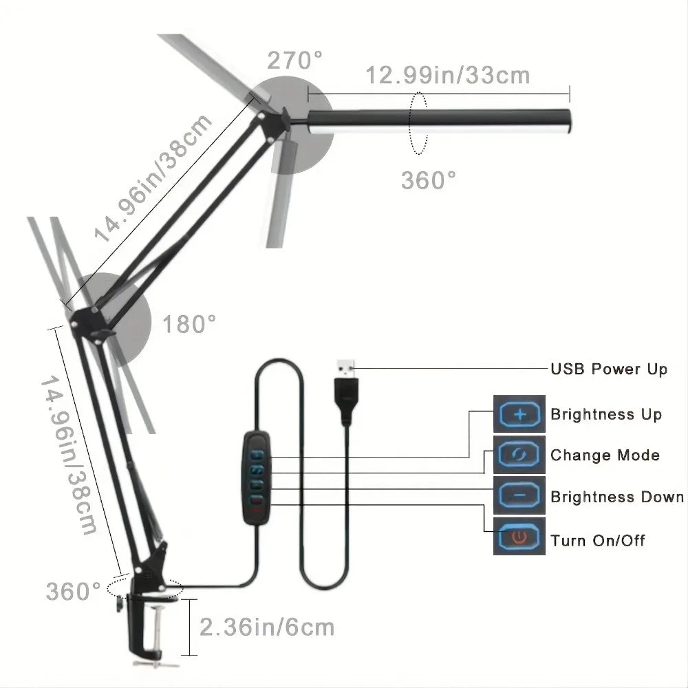 Luminária de Mesa LED com Braçadeira — Dimmer, Proteção Ocular, USB, Cabeca Simples ou Dupla