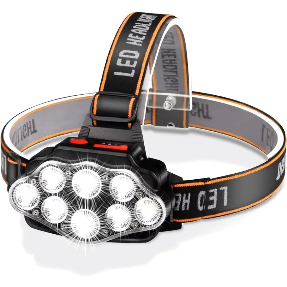 Farol LED USB Recarregável — 8 LEDs, IPX4 Impermeável, 4 Modos de Iluminação para Camping e Trilha