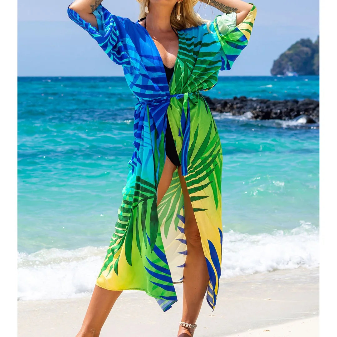 Quimono Boho Longo de Praia — Estampado, Feminino e Perfeito para o Verão