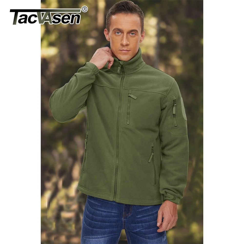 Tacvasen jaqueta de lã masculina, casaco macio e quente à prova de vento com zíper completo, vários bolsos com zíper, caminhadas, trabalho ao ar livre, corta-vento