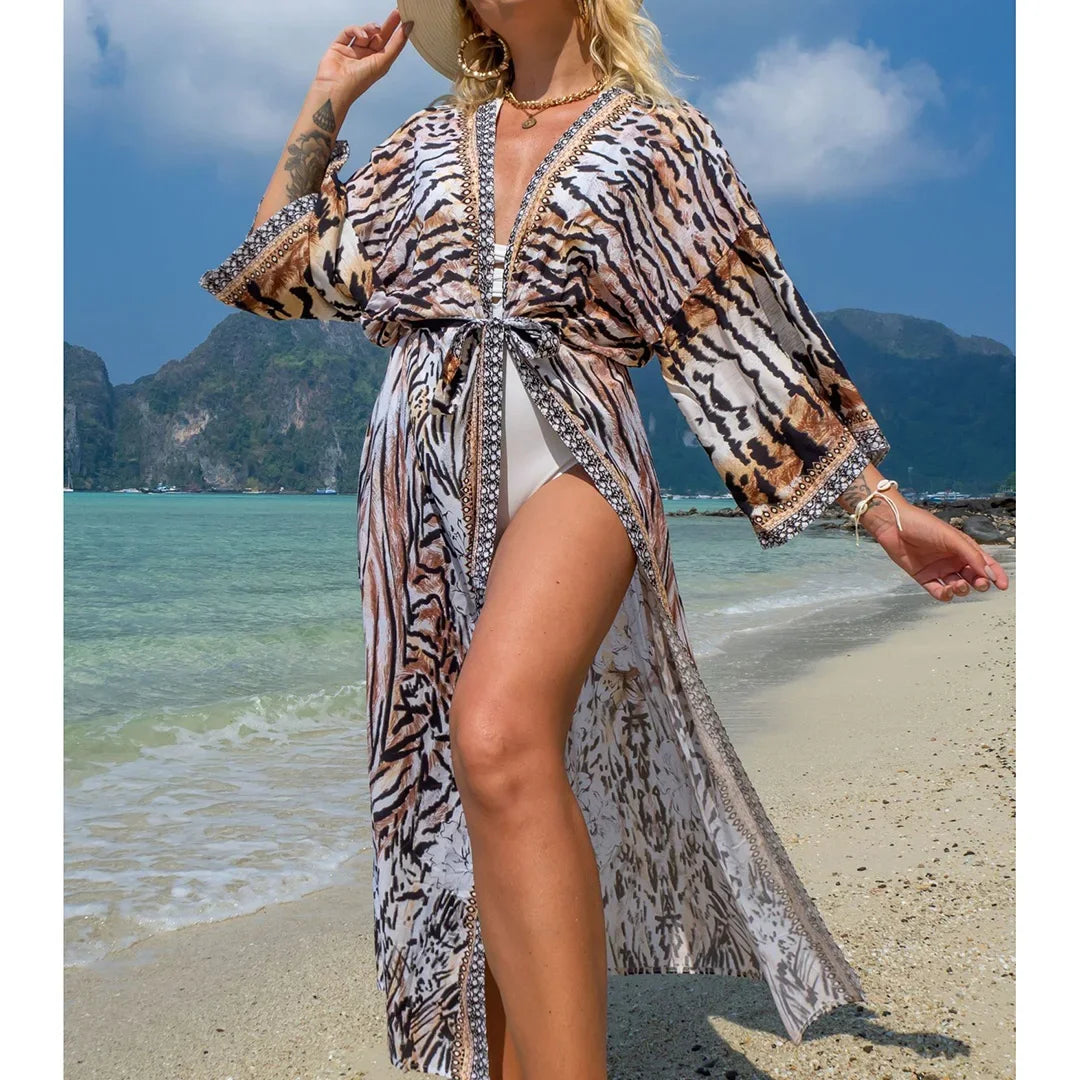 Quimono Boho Longo de Praia — Estampado, Feminino e Perfeito para o Verão