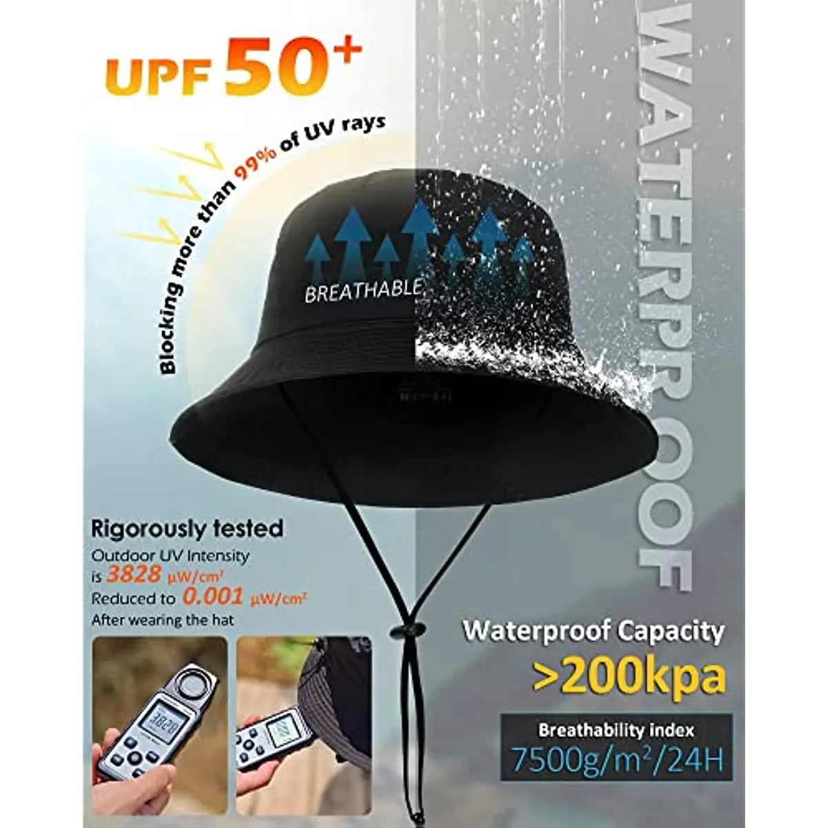 Chapéu de balde impermeável para homens e mulheres, chapéu de sol Boonie aba larga, chapéu dobrável para pesca na praia, UPF 50 Plus