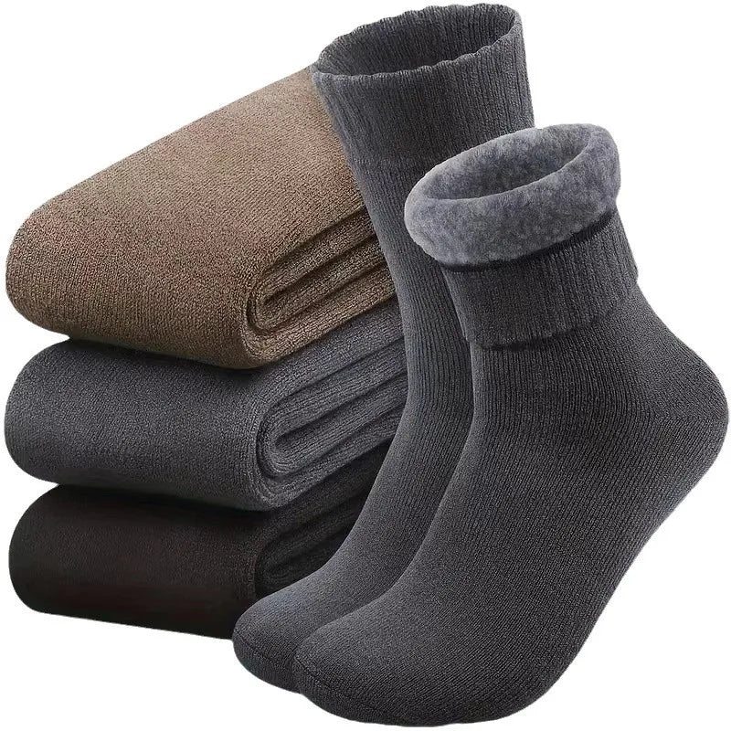 3Pairs Men's Thermal Lined Socks, Thick Soft Comfortable Sock For Cold Weather, Winter Hiking Boots, Black